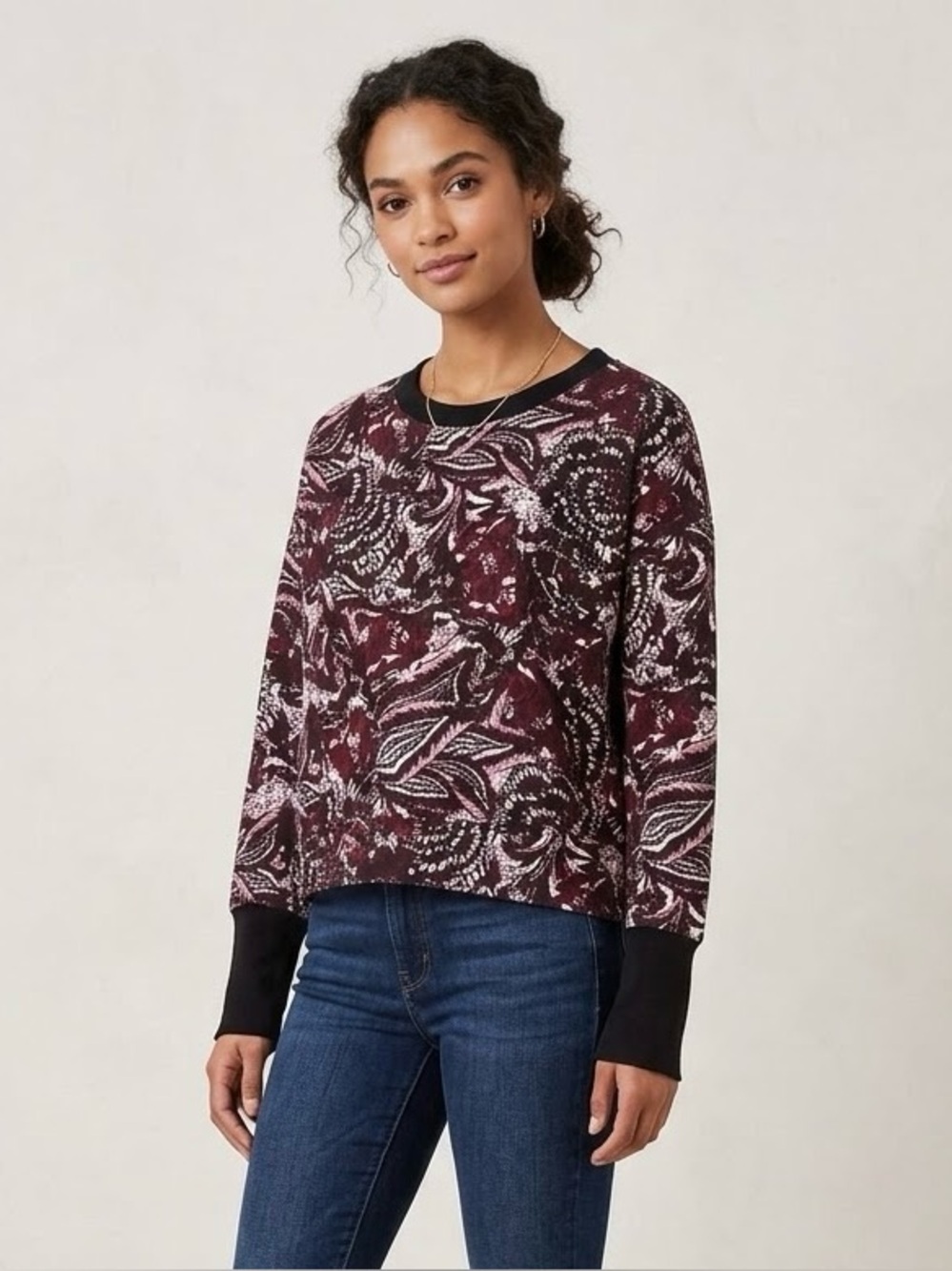 Joie Boho Chic Crewneck Sweatshirt with Contrast Black Ribbed Trim & Cuffs SZ M